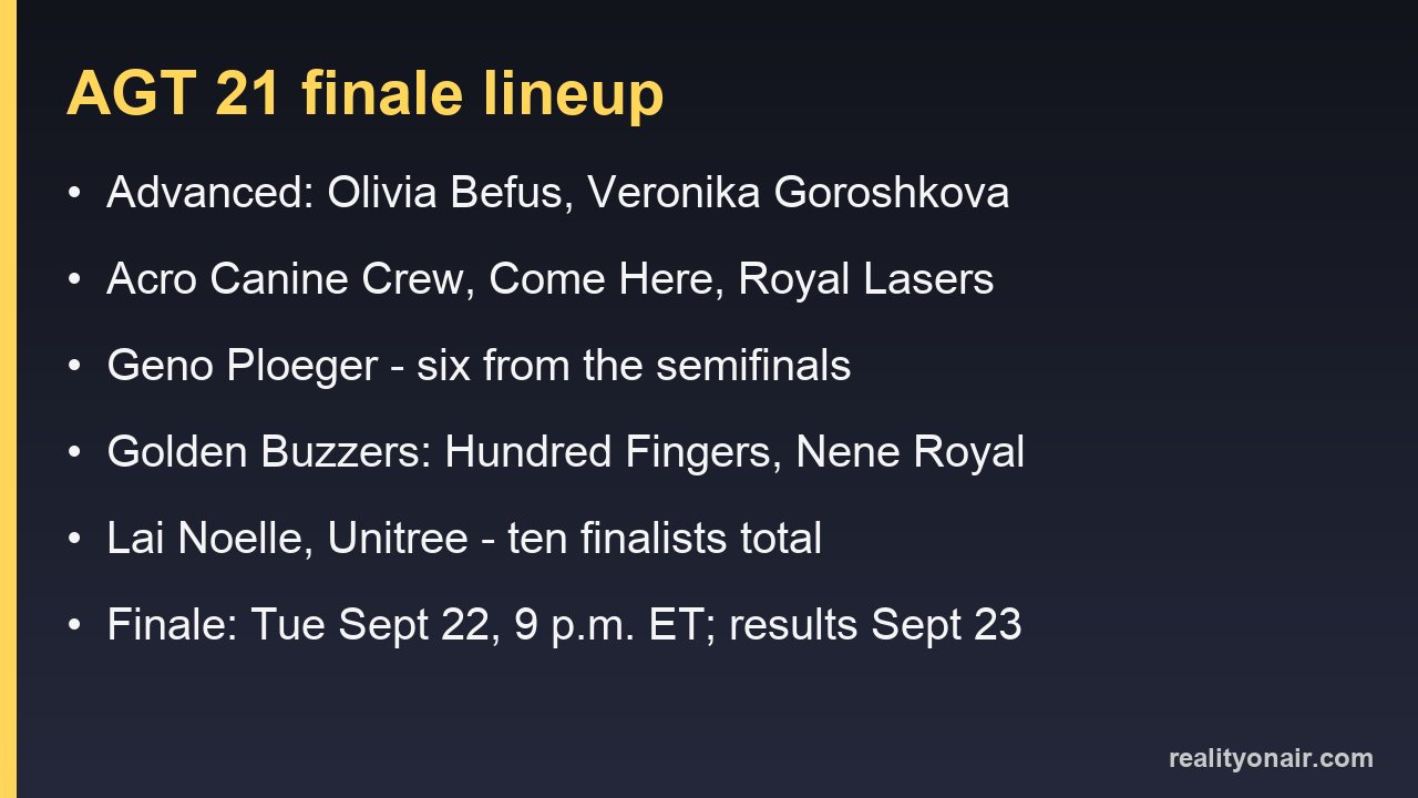 Card listing the six acts that advanced from the AGT semifinals, the four golden buzzer finalists and the finale dates