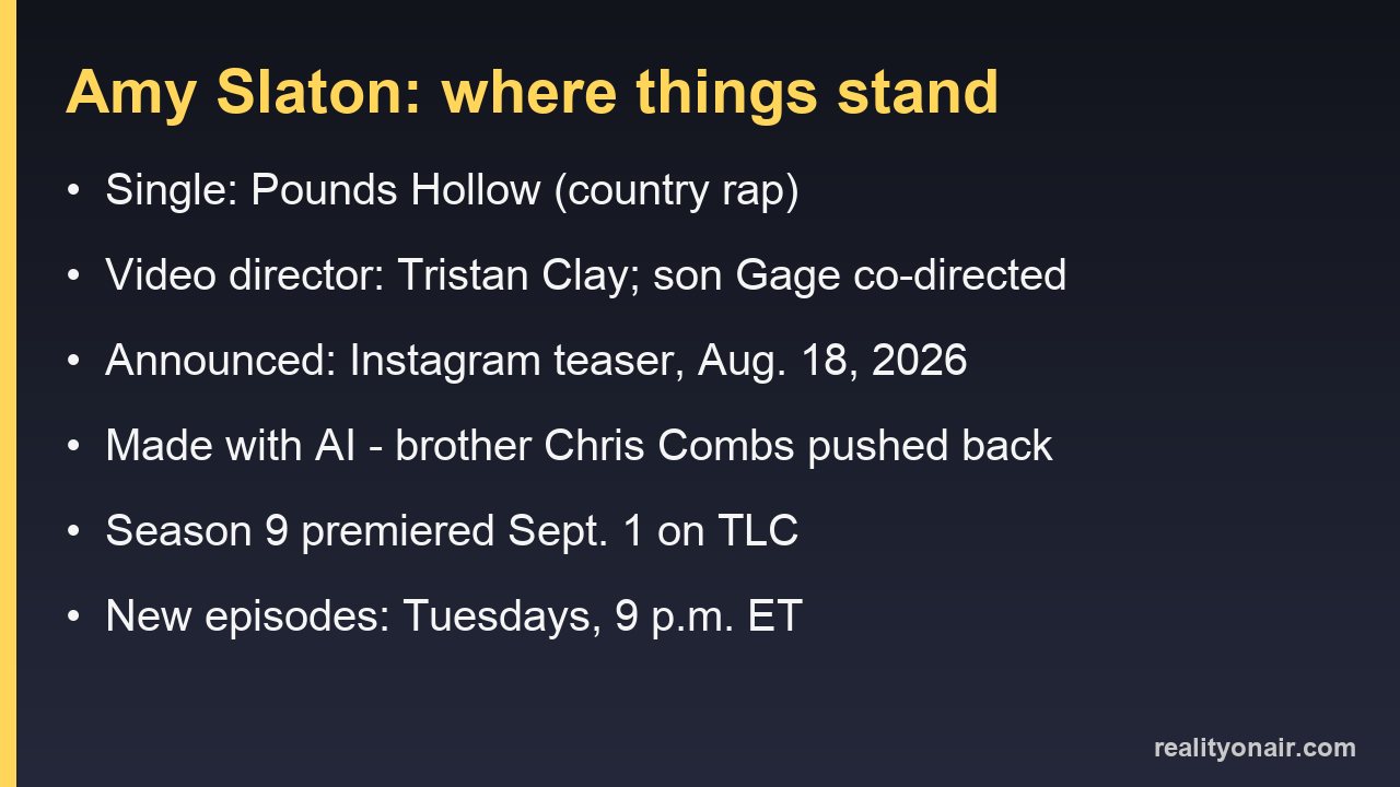 Card summarizing Amy Slaton's single Pounds Hollow, its director, the AI question and the TLC air schedule