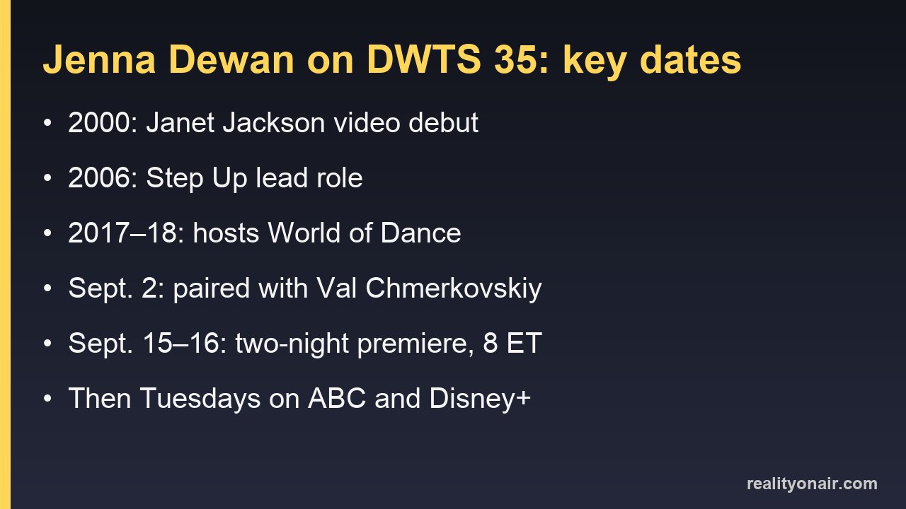 Card listing Jenna Dewan's key dates from a 2000 music video to the Sept. 15 and 16, 2026 DWTS premiere