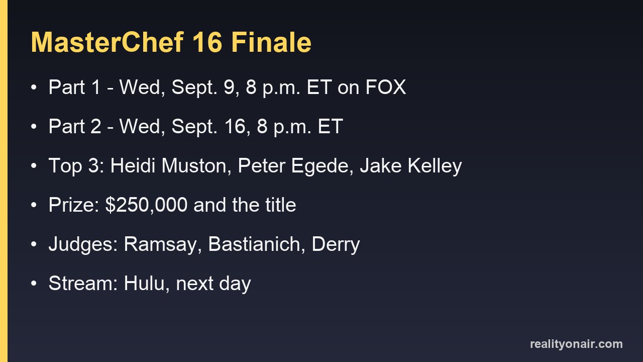 Card listing MasterChef 16 finale dates, finalists, prize and judges