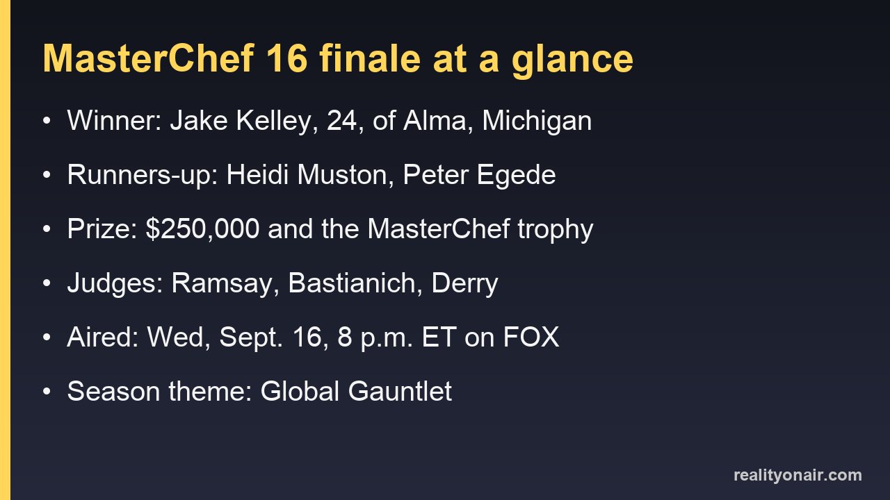 Card listing the MasterChef season 16 winner, the two runners-up, the prize and the finale air date