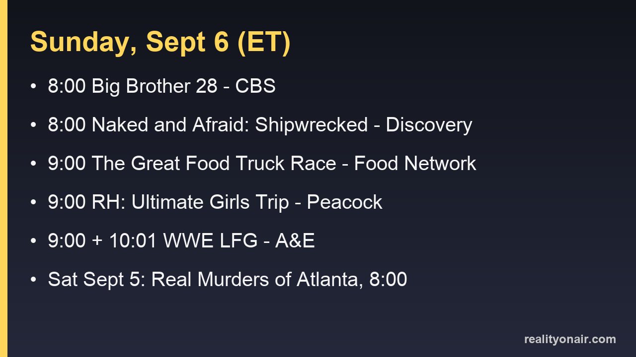 Card listing the Sunday September 6 reality TV lineup with ET start times and networks