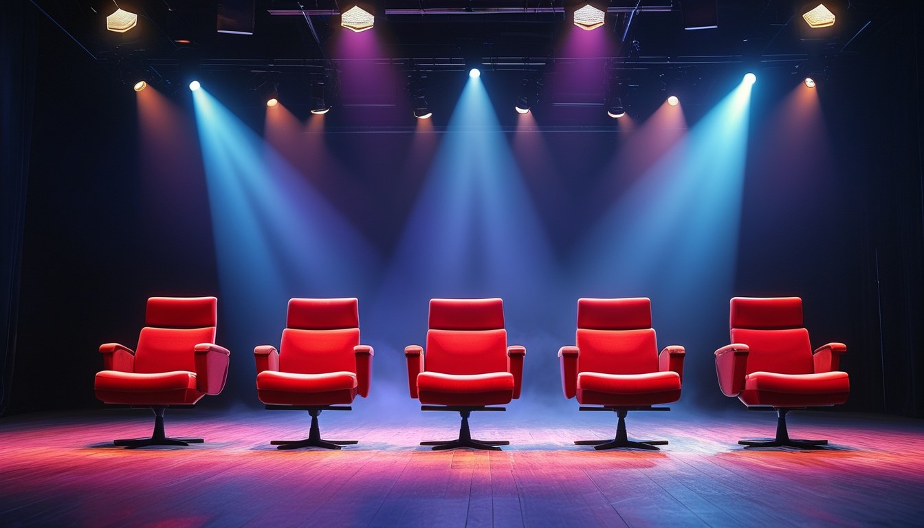 Five empty red swivel chairs on a dark studio stage under blue and violet spotlights