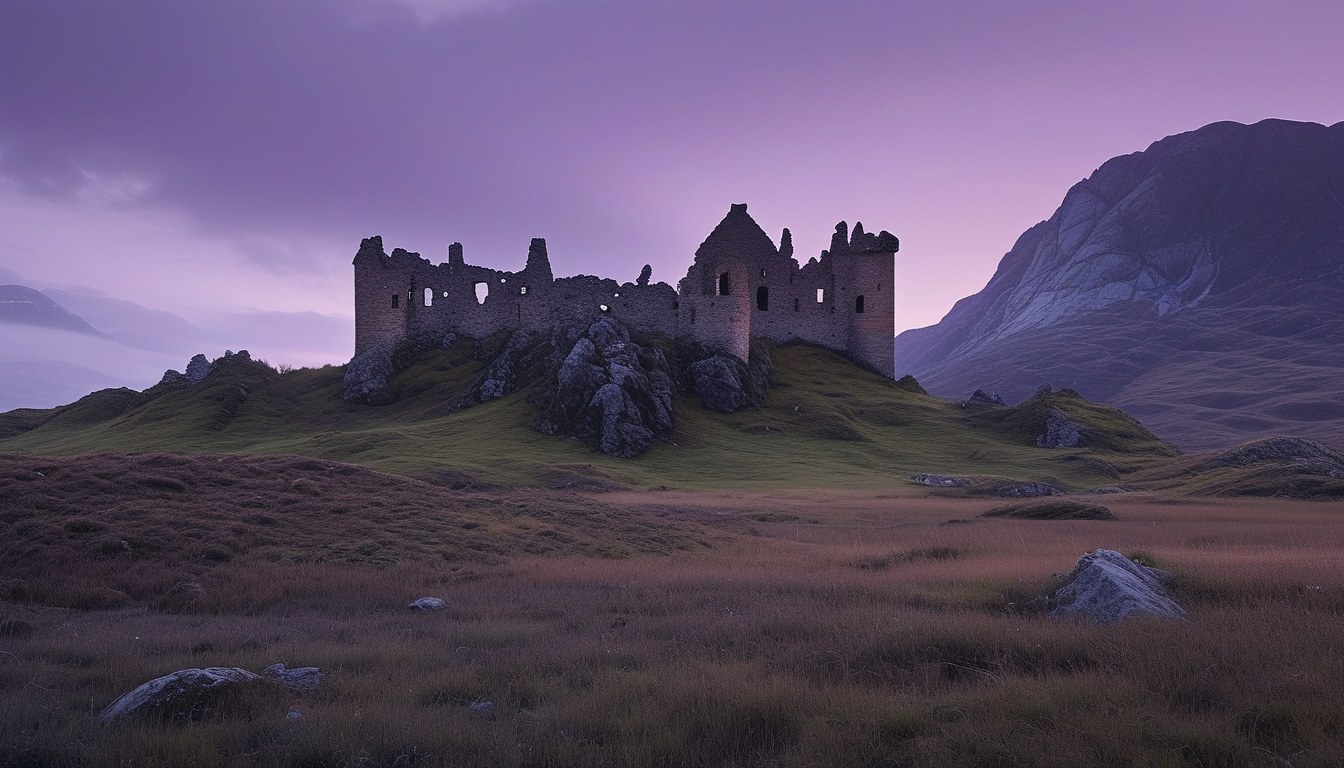 Stone castle ruins on a Highlands hillside at dusk