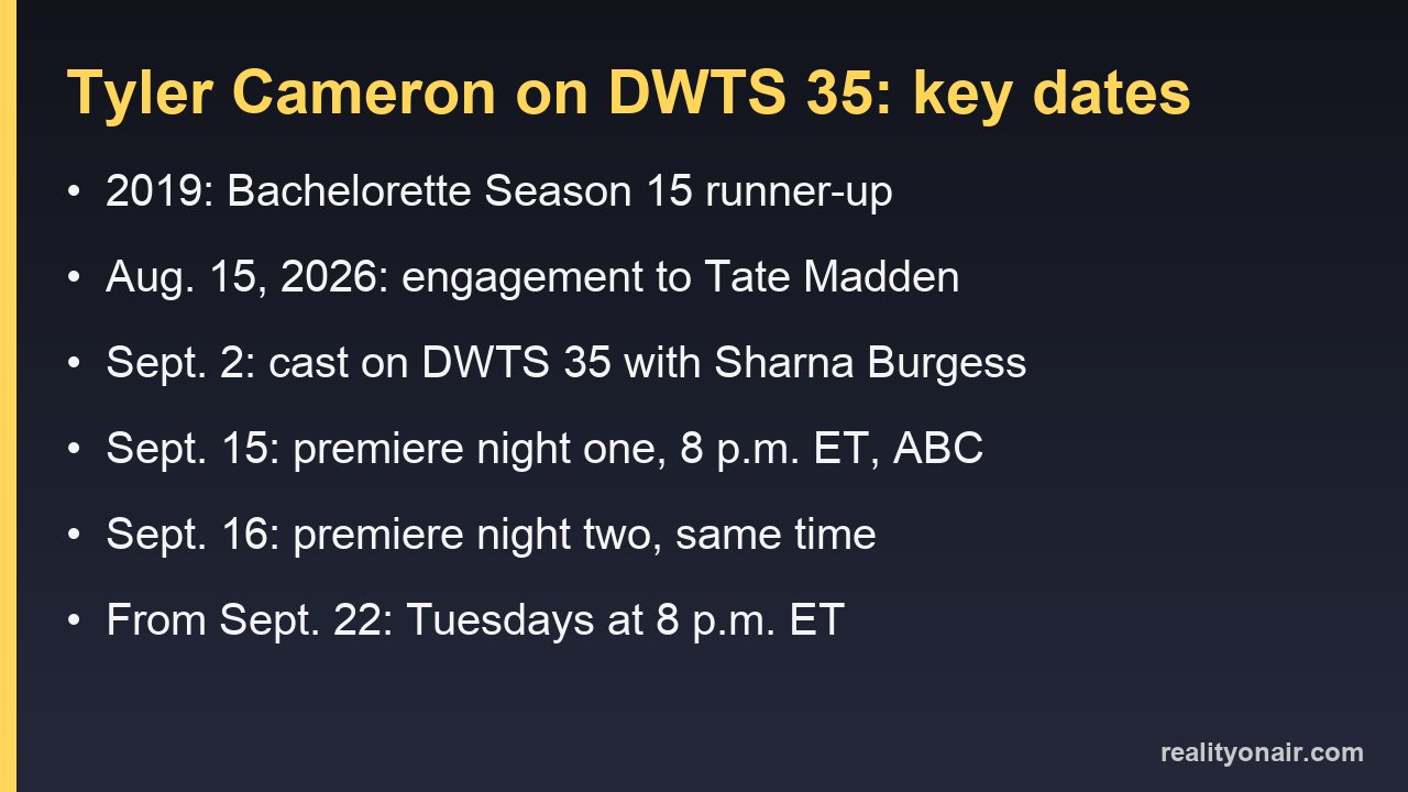 Card listing Tyler Cameron key dates: Bachelorette 2019, engagement Aug. 15, DWTS 35 casting Sept. 2, premiere nights Sept. 15 and 16